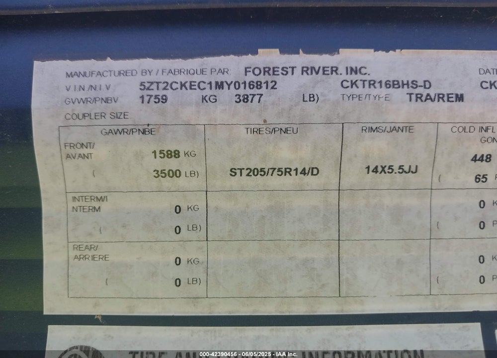 2021 CHEROKEE CASCADE VIN: 5ZT2CKEC1MY016812