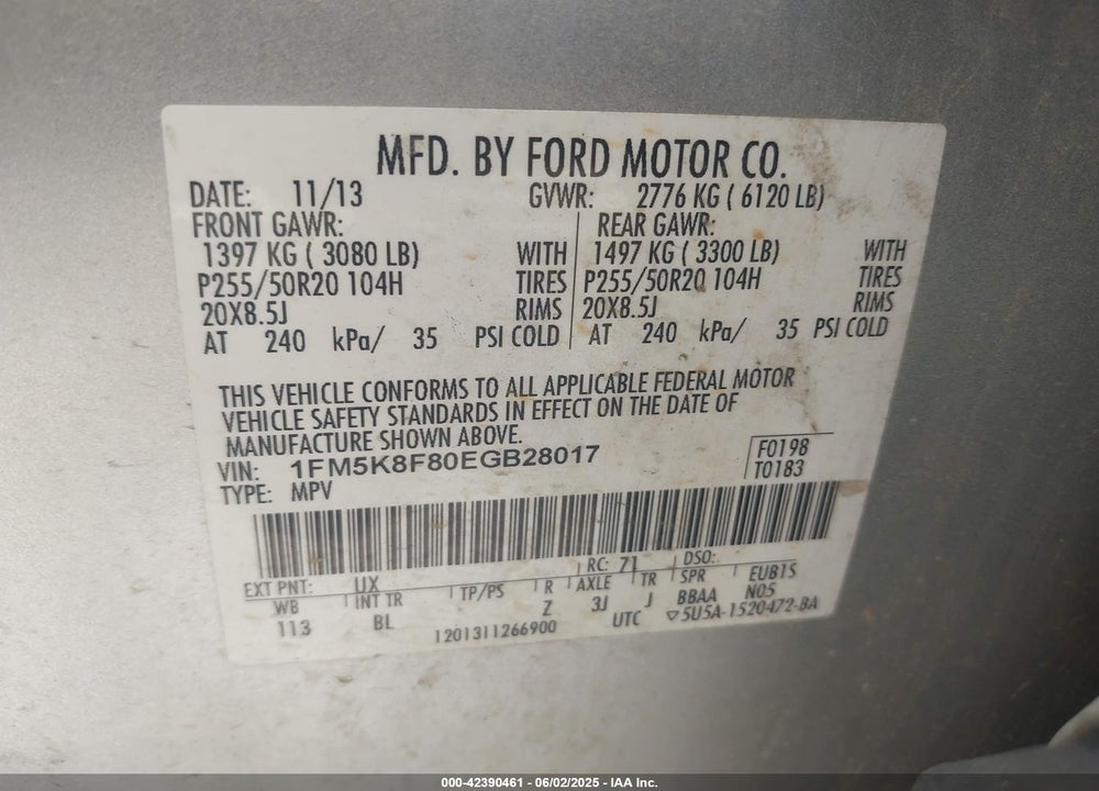 2014 FORD EXPLORER LIMITED VIN: 1FM5K8F80EGB28017