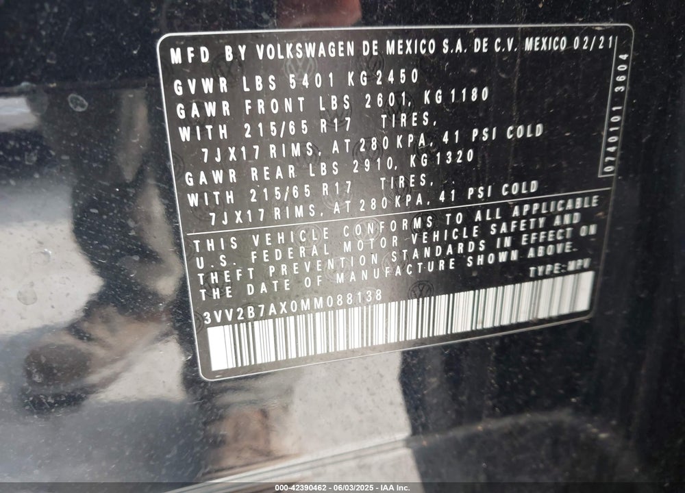 2021 VOLKSWAGEN TIGUAN VIN: 3VV2B7AX0MM088138