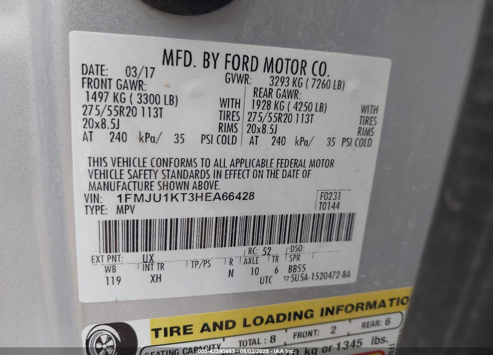 2017 FORD EXPEDITION VIN: 1FMJU1KT3HEA66428
