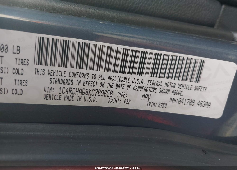 2019 DODGE DURANGO VIN: 1C4RDHAG8KC769658