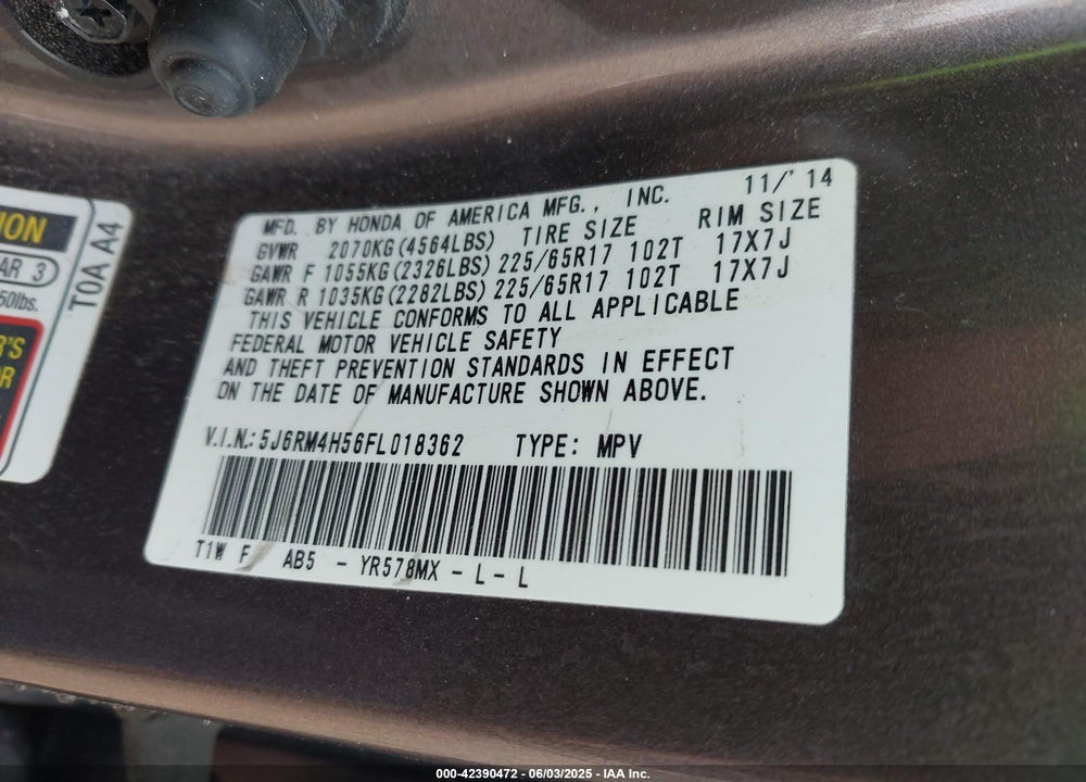 2015 HONDA CR-V VIN: 5J6RM4H56FL018362
