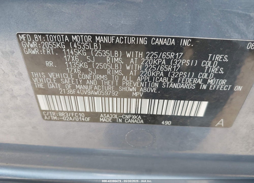 2010 TOYOTA RAV4 VIN: 2T3BF4DV9AW059792