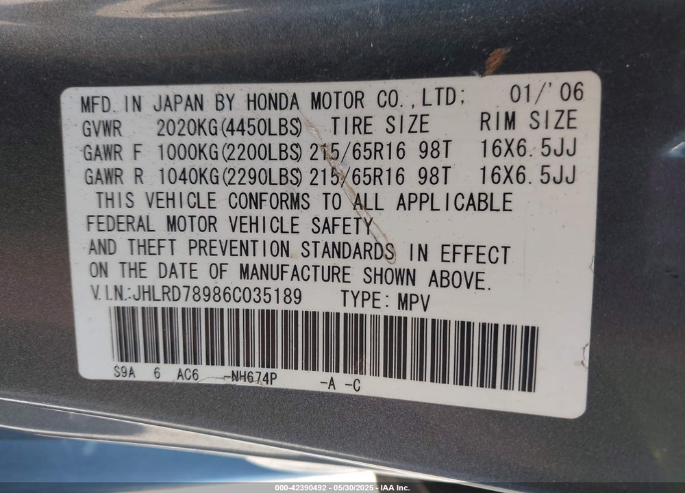 2006 HONDA CR-V SE/EX VIN: JHLRD78986C035189