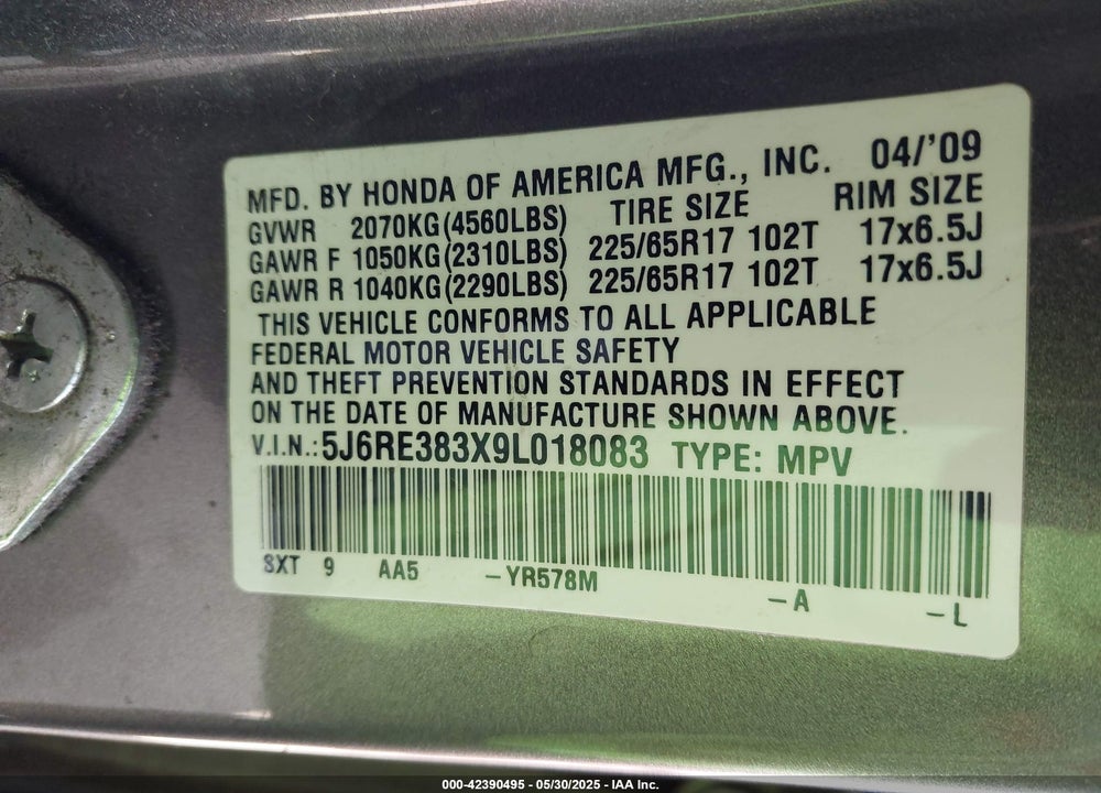 2009 HONDA CR-V VIN: 5J6RE383X9L018083