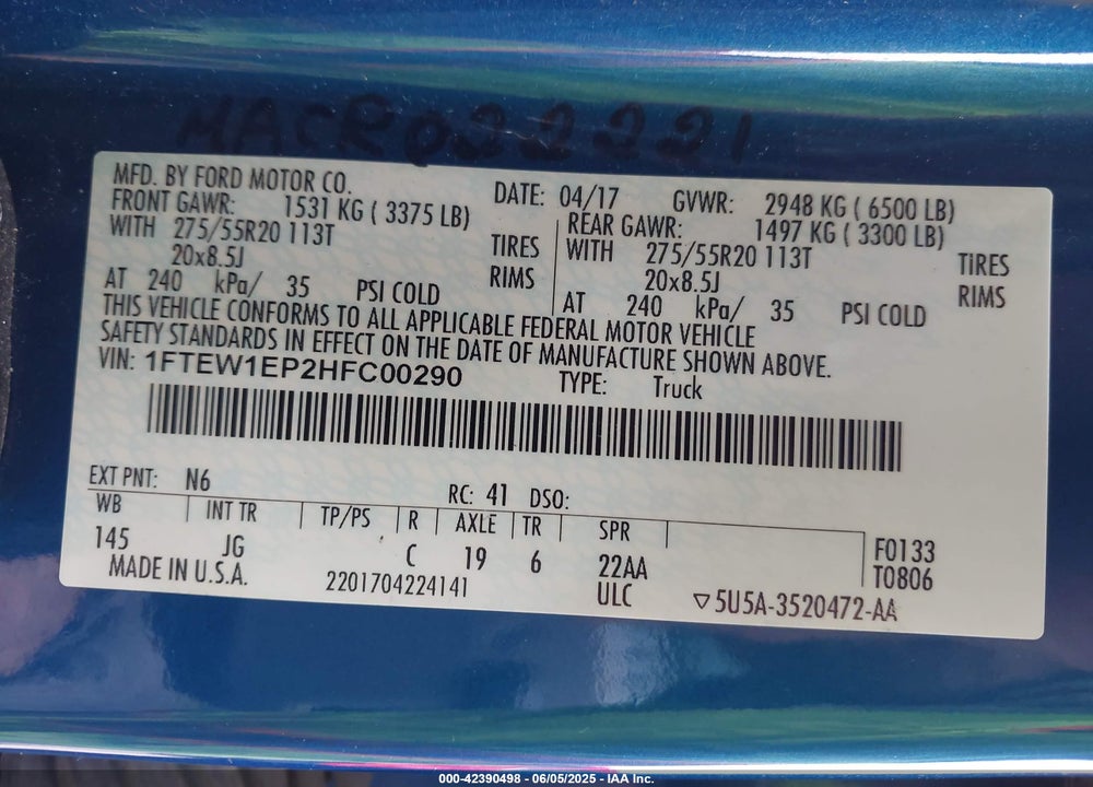2017 FORD F-150 XL VIN: 1FTEW1EP2HFC00290