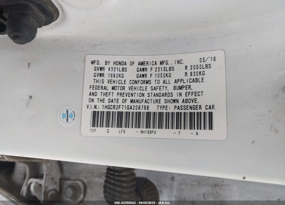 2016 HONDA ACCORD VIN: 1HGCR2F71GA208798