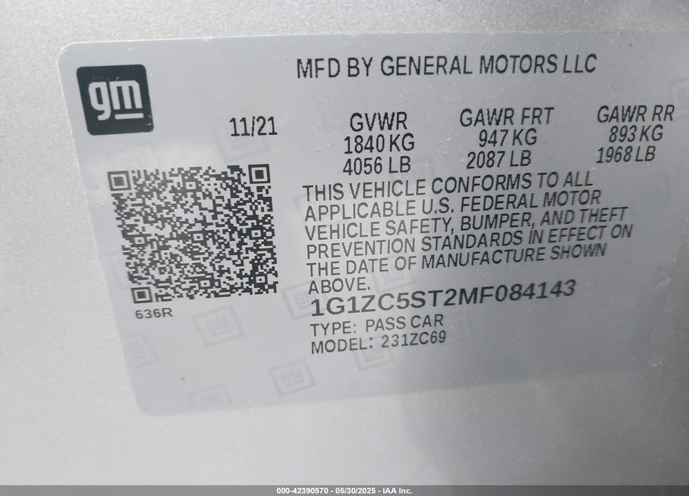 2021 CHEVROLET MALIBU VIN: 1G1ZC5ST2MF084143