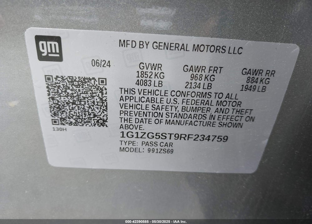 2024 CHEVROLET MALIBU VIN: 1G1ZG5ST9RF234759