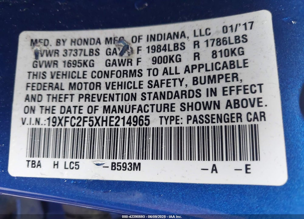 2017 HONDA CIVIC VIN: 19XFC2F5XHE214965