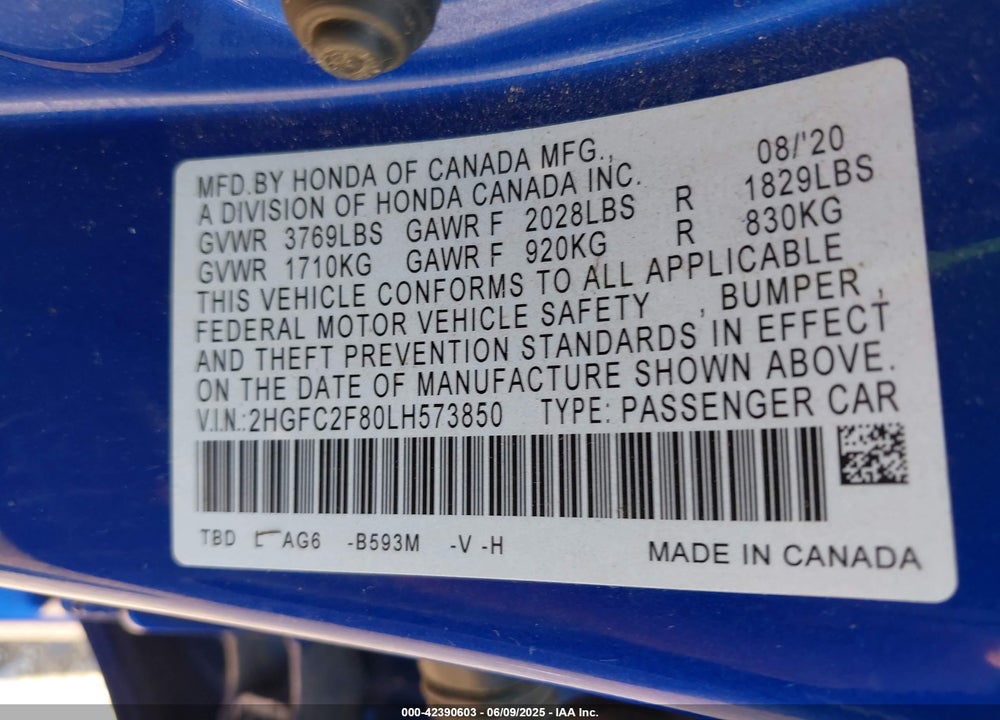 2020 HONDA CIVIC VIN: 2HGFC2F80LH573850