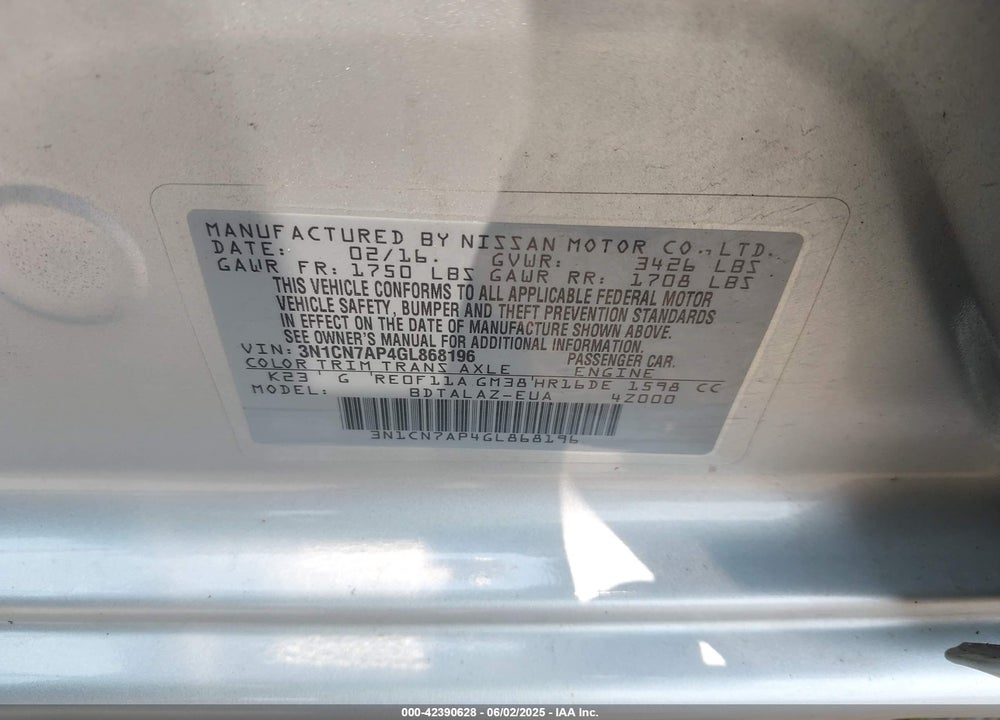 2016 NISSAN VERSA VIN: 3N1CN7AP4GL868196