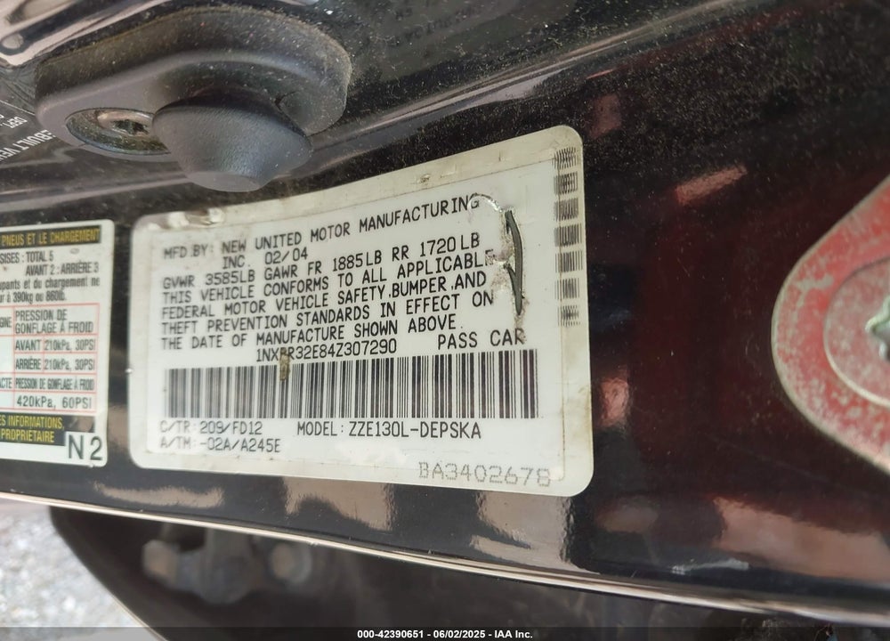2004 TOYOTA COROLLA S VIN: 1NXBR32E84Z307290