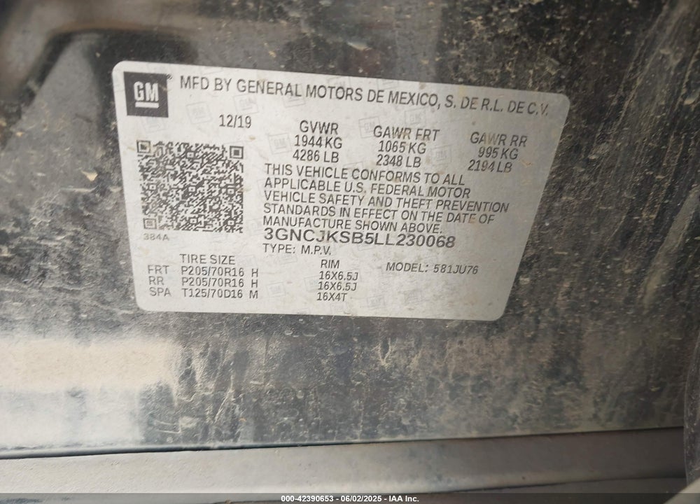 2020 CHEVROLET TRAX VIN: 3GNCJKSB5LL230068