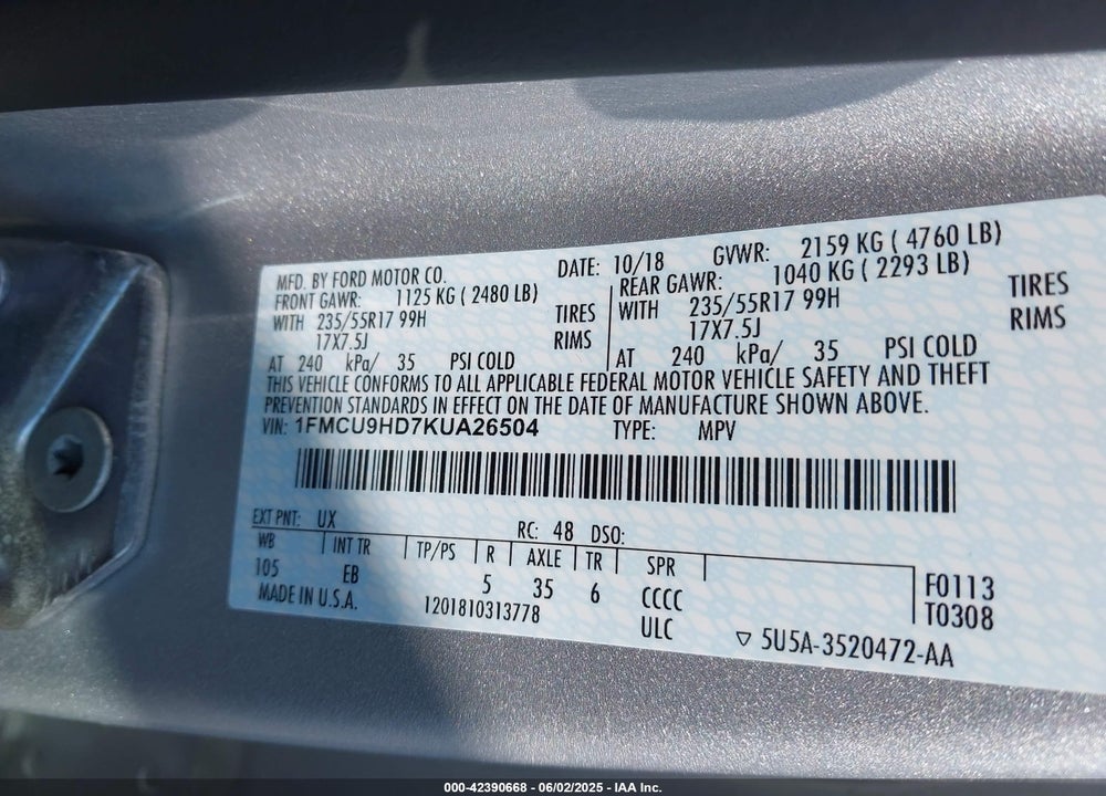 2019 FORD ESCAPE SEL VIN: 1FMCU9HD7KUA26504