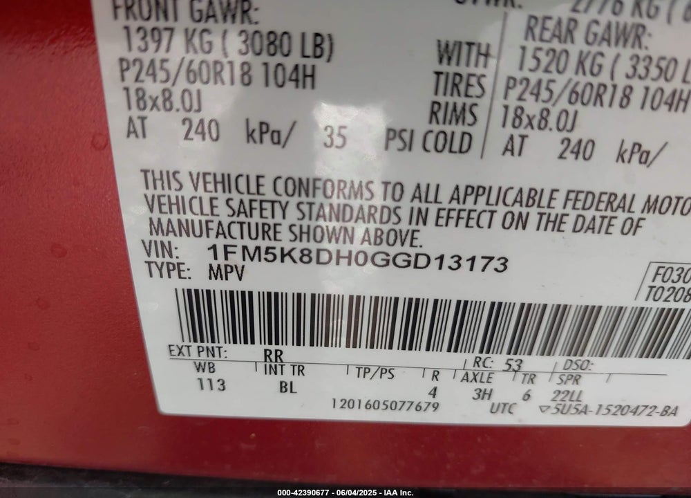 2016 FORD EXPLORER VIN: 1FM5K8DH0GGD13173