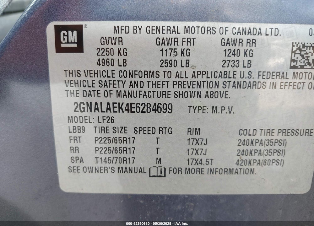 2014 CHEVROLET EQUINOX VIN: 2GNALAEK4E6284699