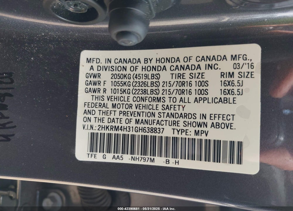 2016 HONDA CR-V VIN: 2HKRM4H31GH638837
