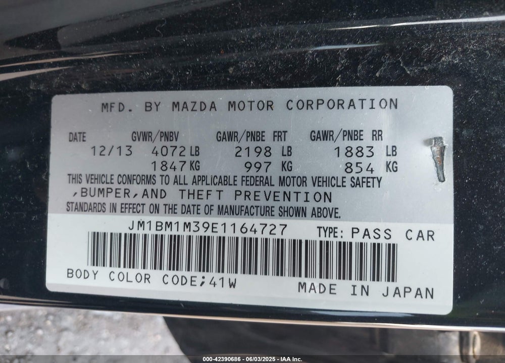 2014 MAZDA 3 VIN: JM1BM1M39E1164727