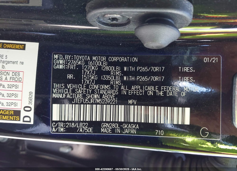 2021 TOYOTA 4RUNNER SR5 PREMIUM VIN: JTEFU5JR7M5239221