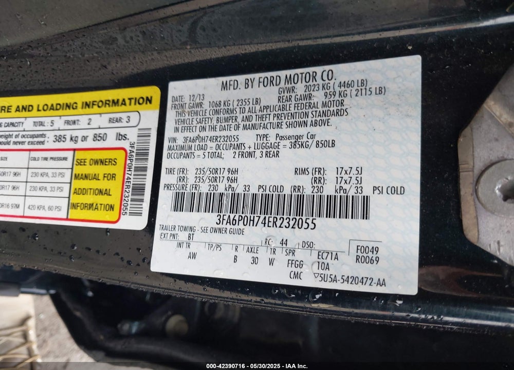 2014 FORD FUSION SE VIN: 3FA6P0H74ER232055