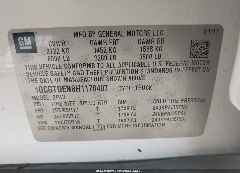 2017 CHEVROLET COLORADO VIN: 1GCGTDEN8H1178407