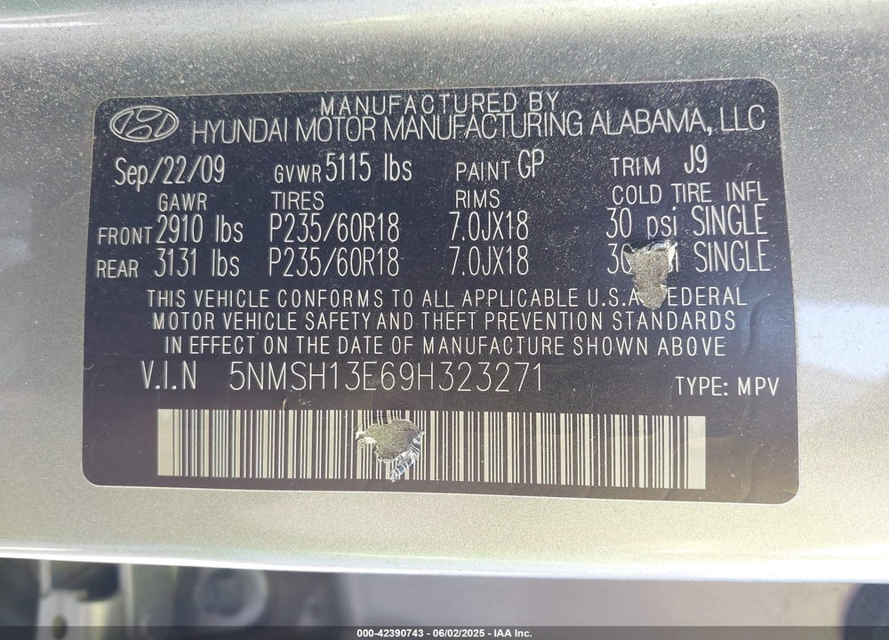 2009 HYUNDAI SANTA FE VIN: 5NMSH13E69H323271