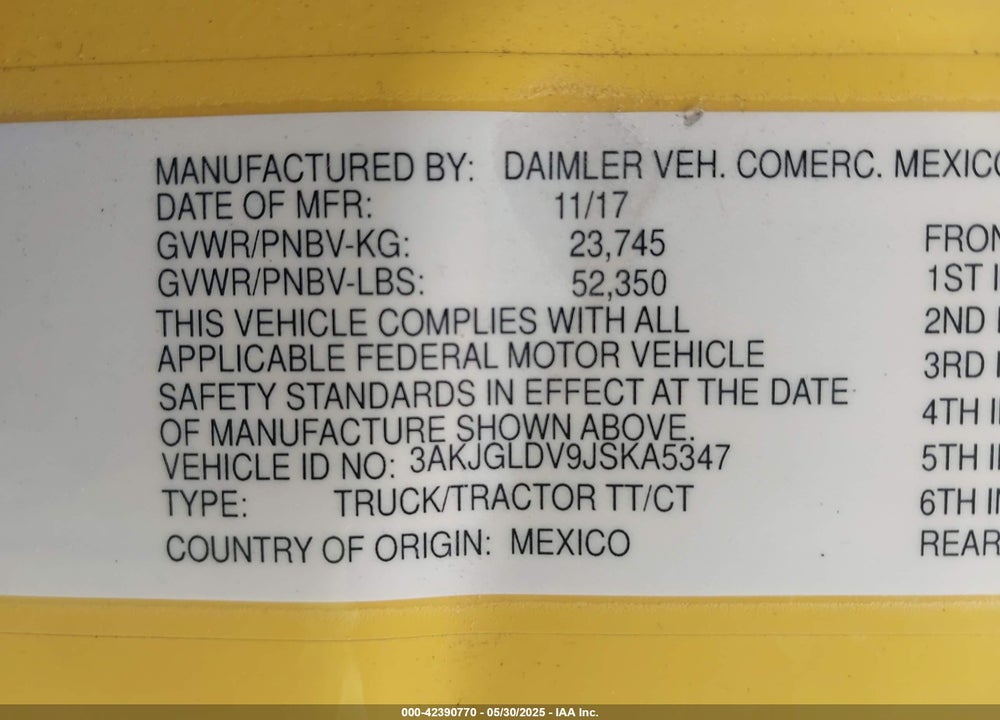 2018 FREIGHTLINER CASCADIA 125 VIN: 3AKJGLDV9JSKA5347