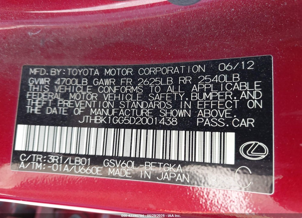 2013 LEXUS ES 350 VIN: JTHBK1GG5D2001438