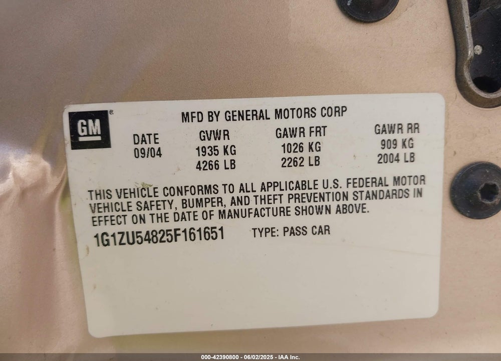 2005 CHEVROLET MALIBU LT VIN: 1G1ZU54825F161651