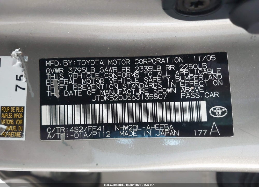 2006 TOYOTA PRIUS VIN: JTDKB20U563135807