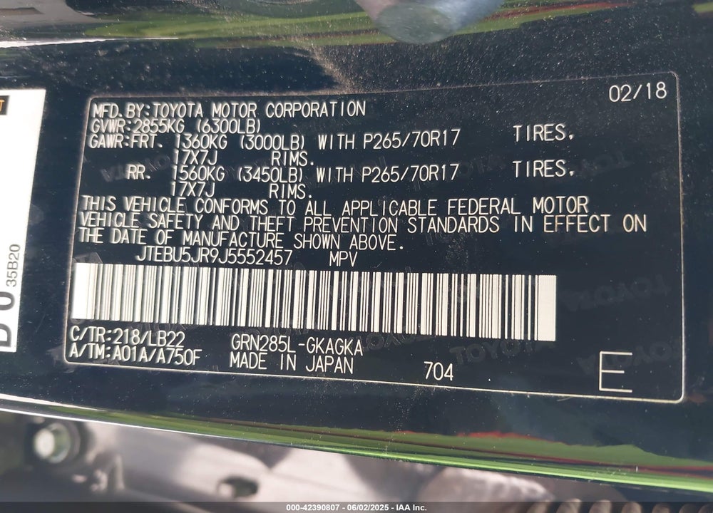 2018 TOYOTA 4RUNNER VIN: JTEBU5JR9J5552457