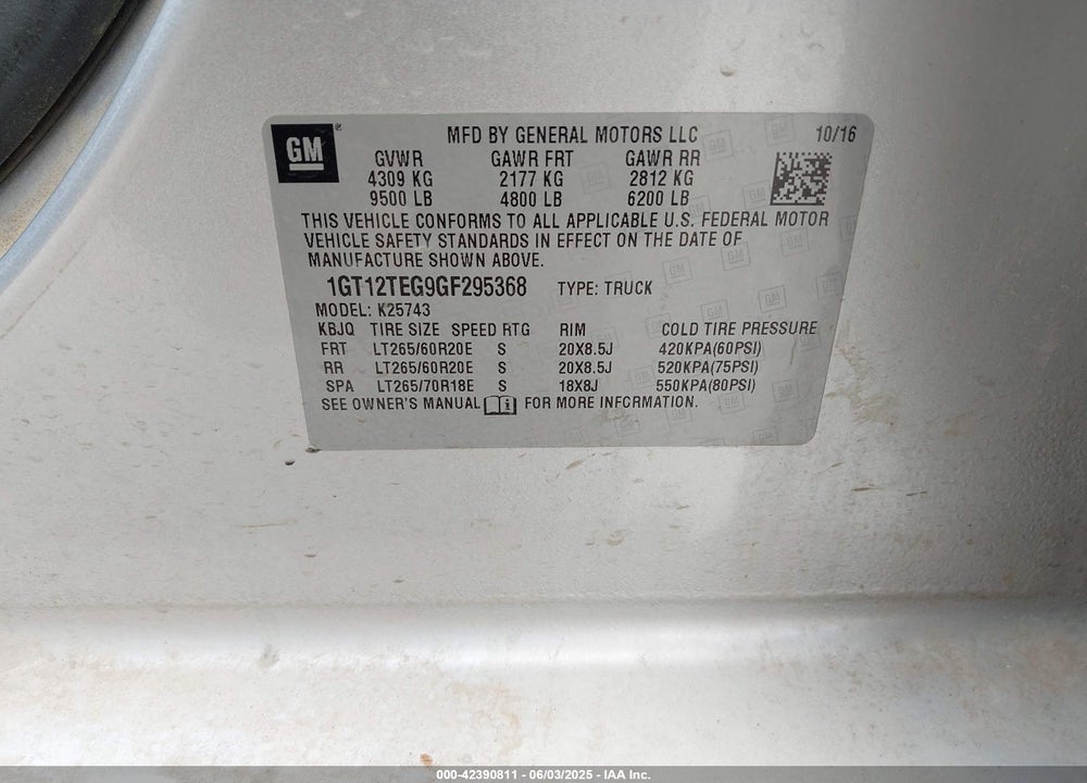 2016 GMC SIERRA VIN: 1GT12TEG9GF295368