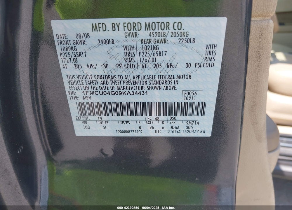 2009 FORD ESCAPE VIN: 1FMCU04G09KA34431
