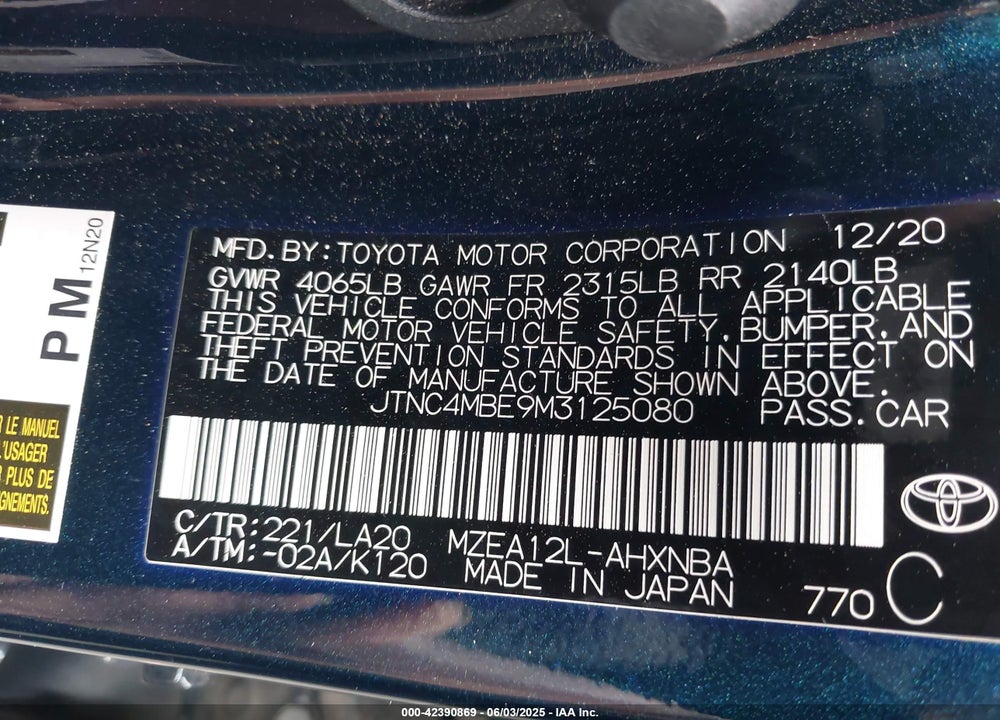 2021 TOYOTA COROLLA XSE VIN: JTNC4MBE9M3125080