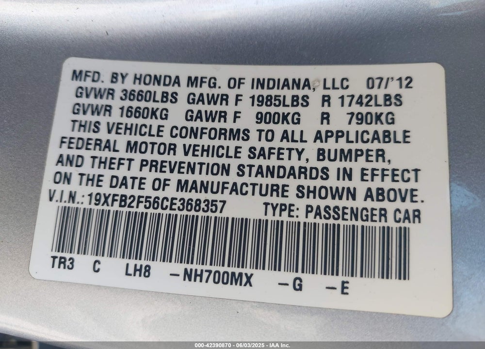 2012 HONDA CIVIC VIN: 19XFB2F56CE368357