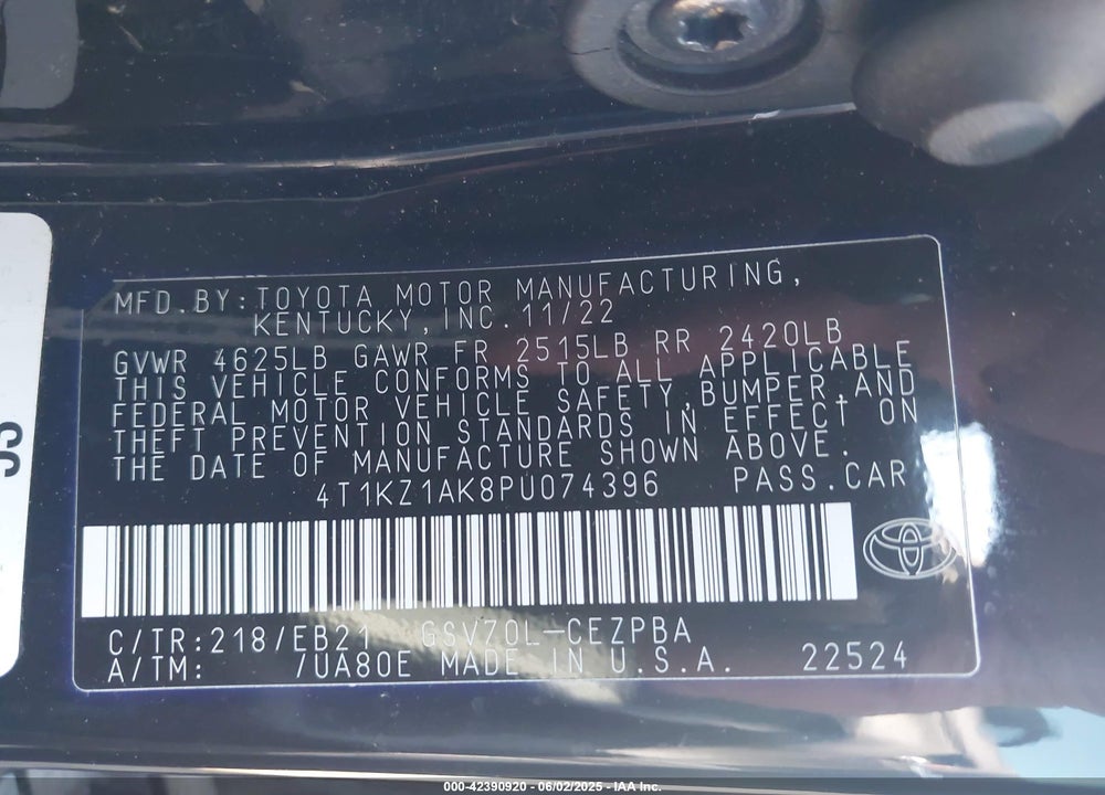 2023 TOYOTA CAMRY VIN: 4T1KZ1AK8PU074396