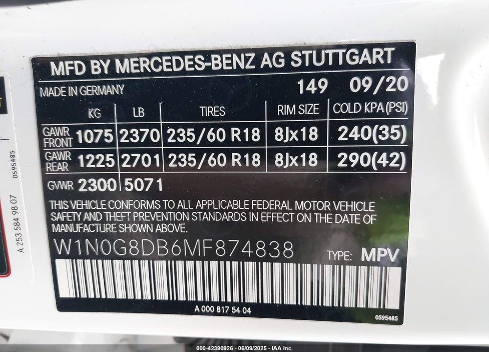2021 MERCEDES-BENZ GLC 300 SUV VIN: W1N0G8DB6MF874838