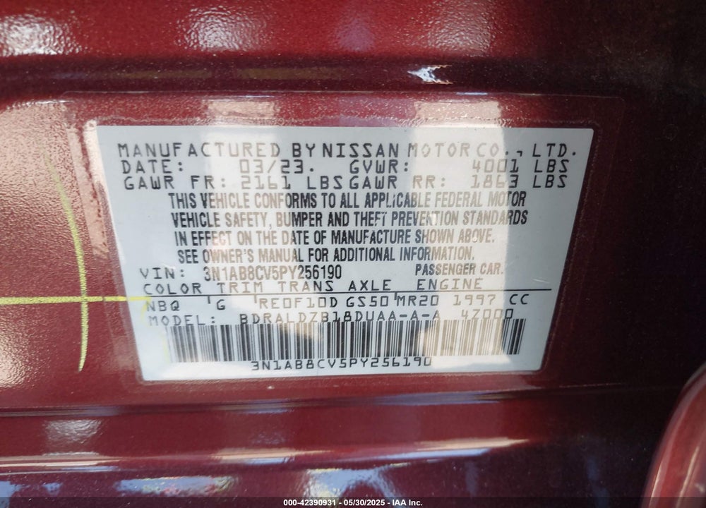 2023 NISSAN SENTRA VIN: 3N1AB8CV5PY256190