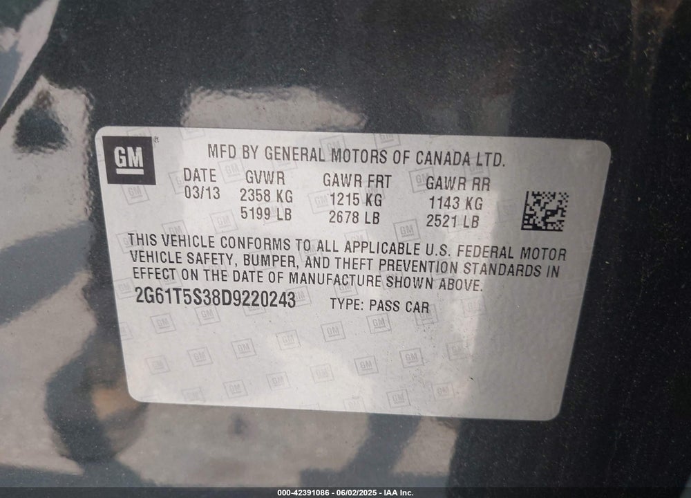 2013 CADILLAC XTS VIN: 2G61T5S38D9220243
