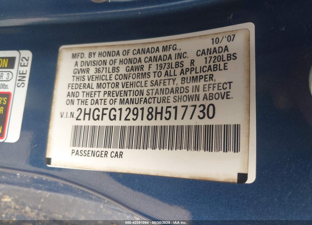 2008 HONDA CIVIC VIN: 2HGFG12918H517730