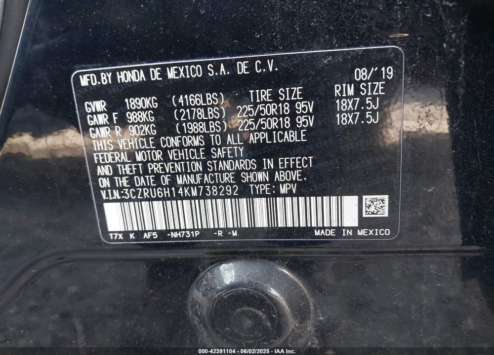 2019 HONDA HR-V VIN: 3CZRU6H14KM738292
