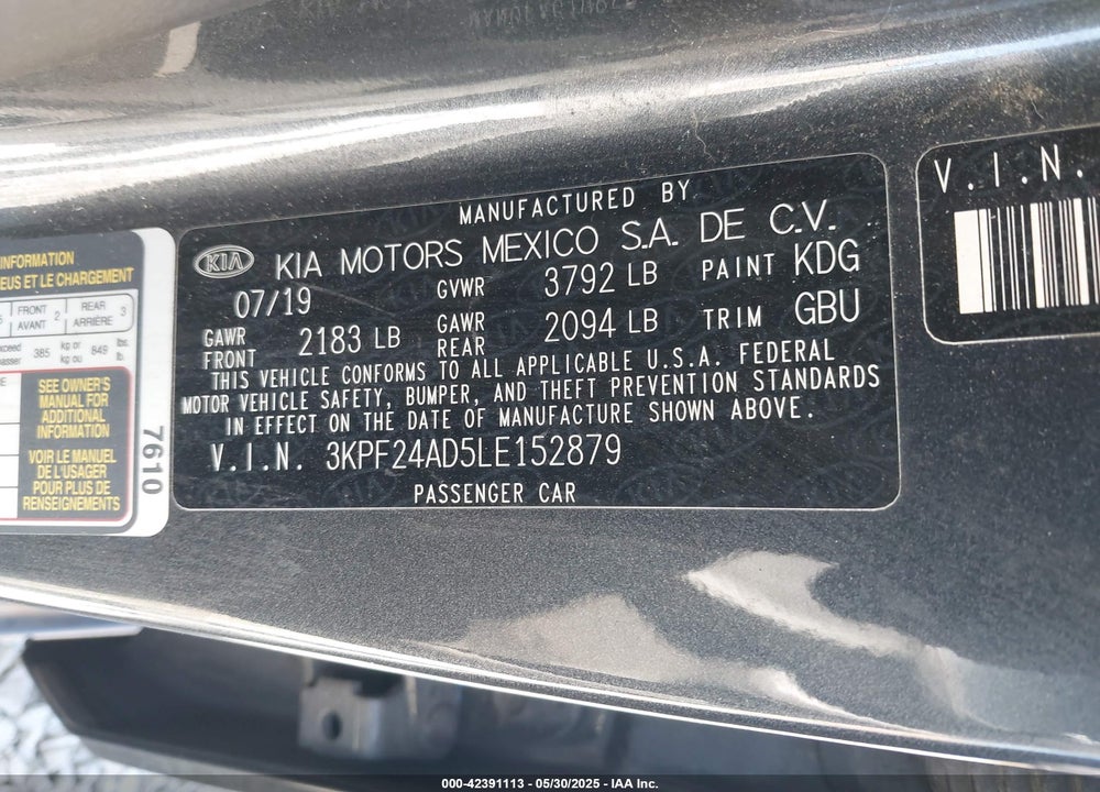 2020 KIA FORTE LXS VIN: 3KPF24AD5LE152879