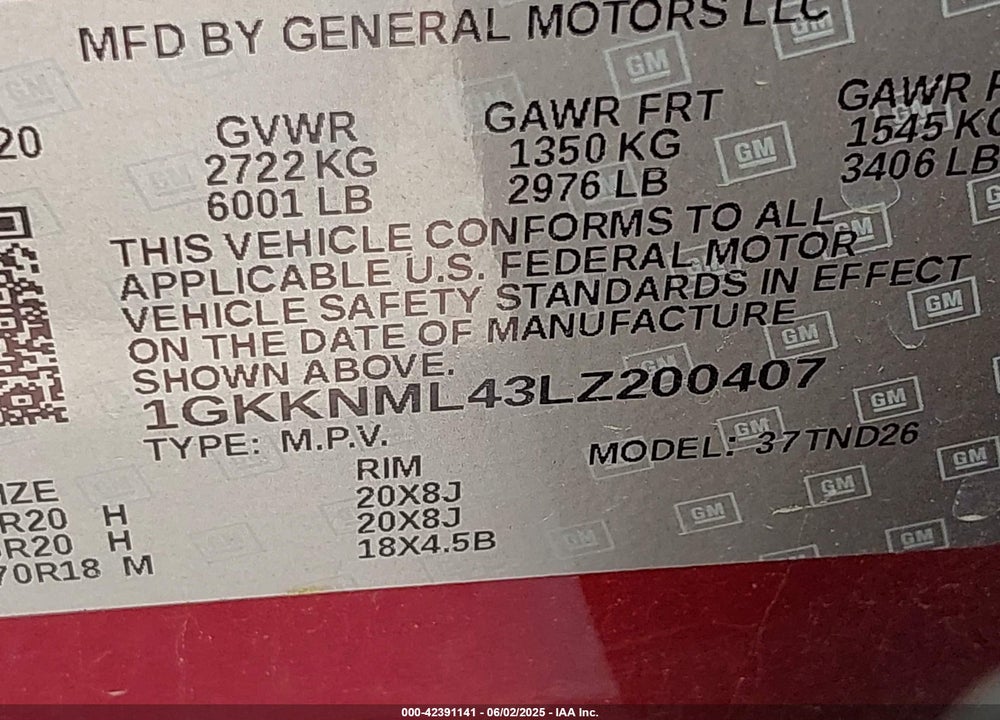 2020 GMC ACADIA VIN: 1GKKNML43LZ200407