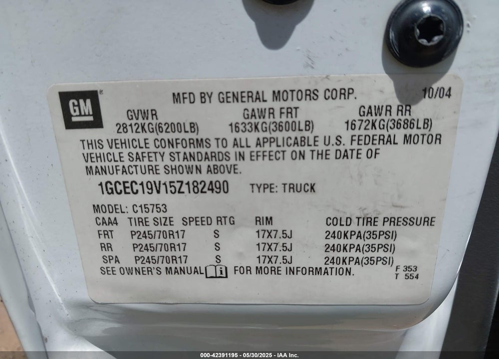 2005 CHEVROLET SILVERADO 1500 WORK TRUCK VIN: 1GCEC19V15Z182490