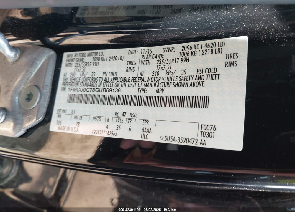 2016 FORD ESCAPE VIN: 1FMCU0G78GUB69136