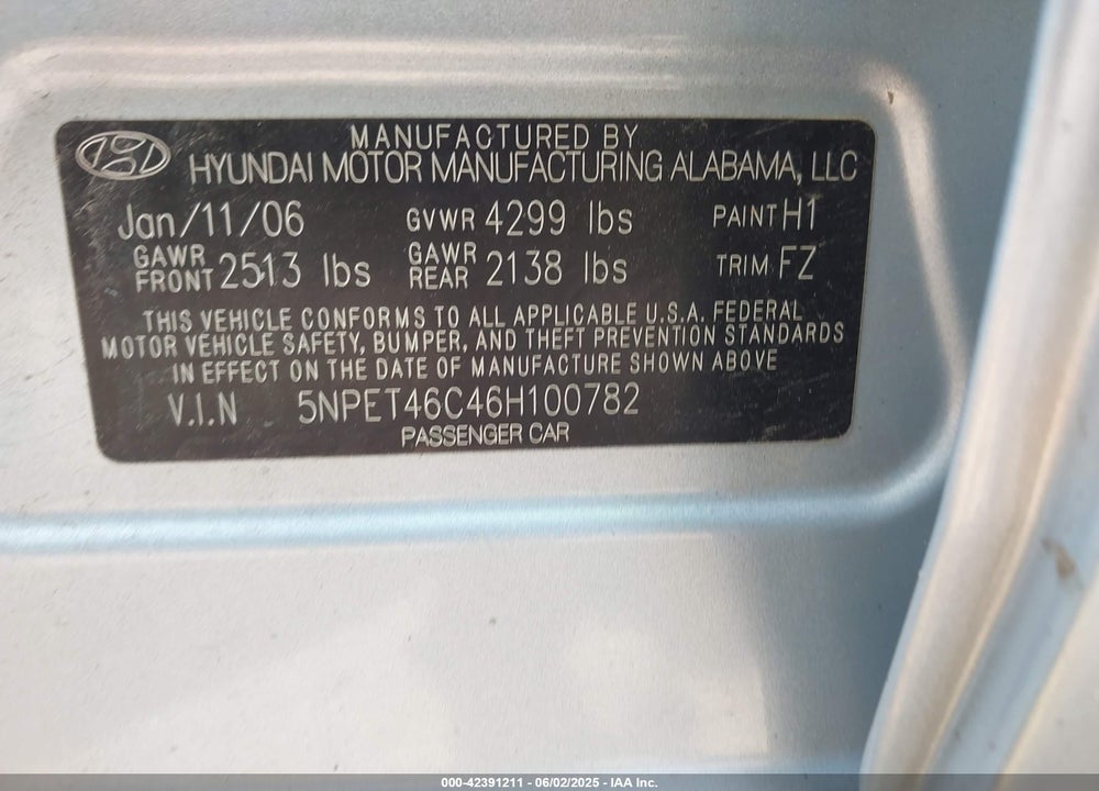 2006 HYUNDAI SONATA GL VIN: 5NPET46C46H100782