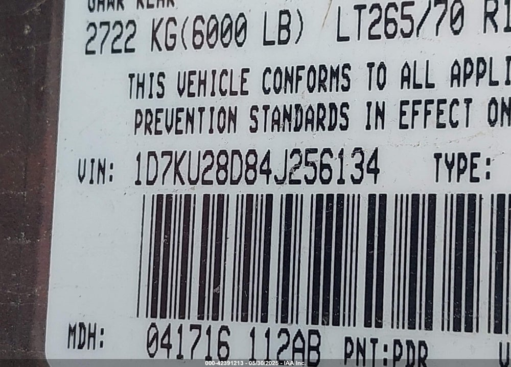 2004 DODGE RAM 2500 SLT/LARAMIE VIN: 1D7KU28D84J256134