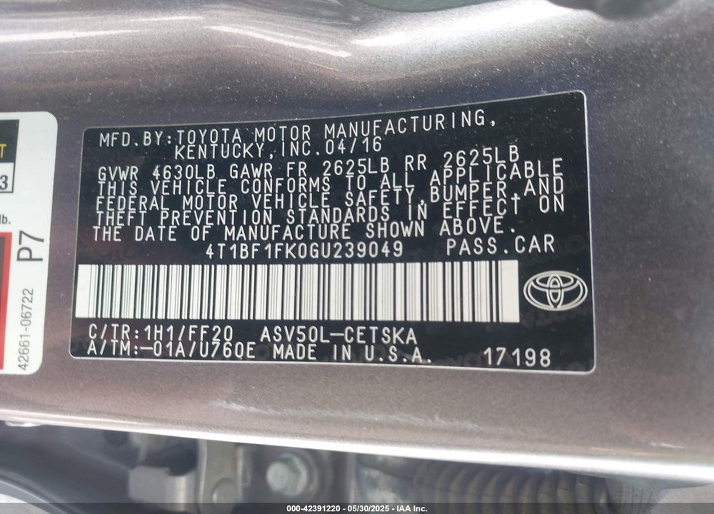 2016 TOYOTA CAMRY VIN: 4T1BF1FK0GU239049