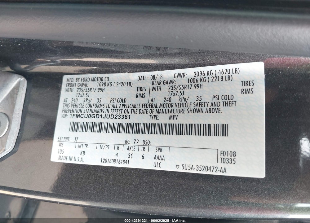 2018 FORD ESCAPE VIN: 1FMCU0GD1JUD23361